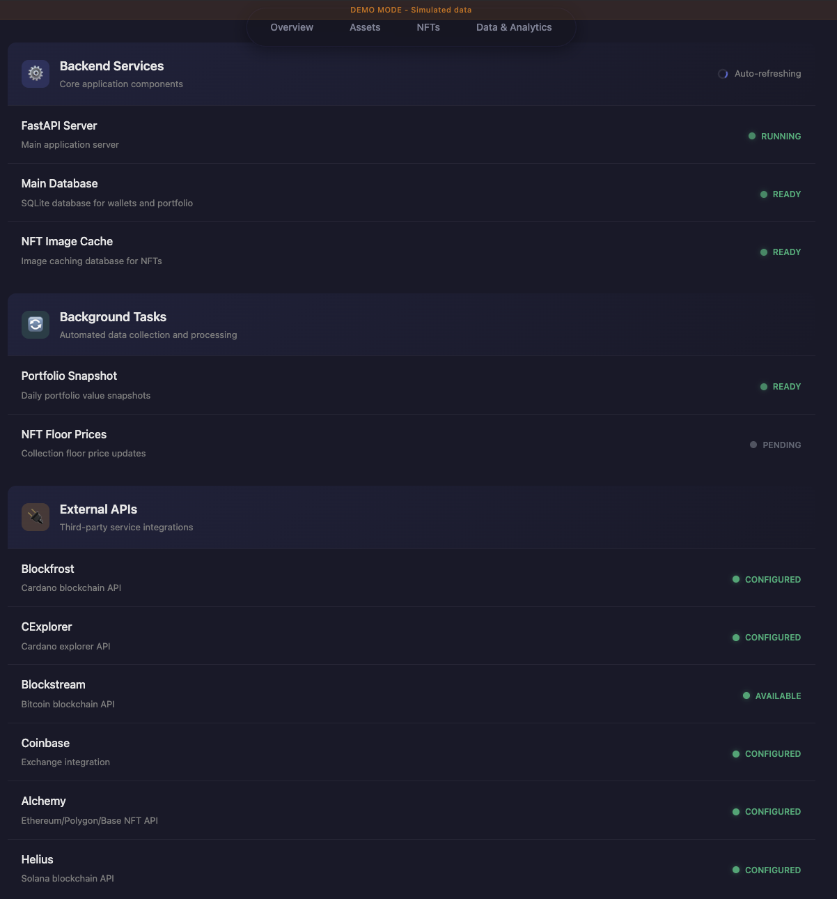 Backend services status showing FastAPI, database, and external APIs